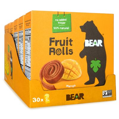 BEAR Real Fruit Snack Rolls, Mango (2 Rolls Per Pack), No Added Sugar, All Natural, Non GMO, Gluten Free, Vegan, Healthy On-The-Go Snack For Kids & Adults, 0.7 oz (Pack of 30)