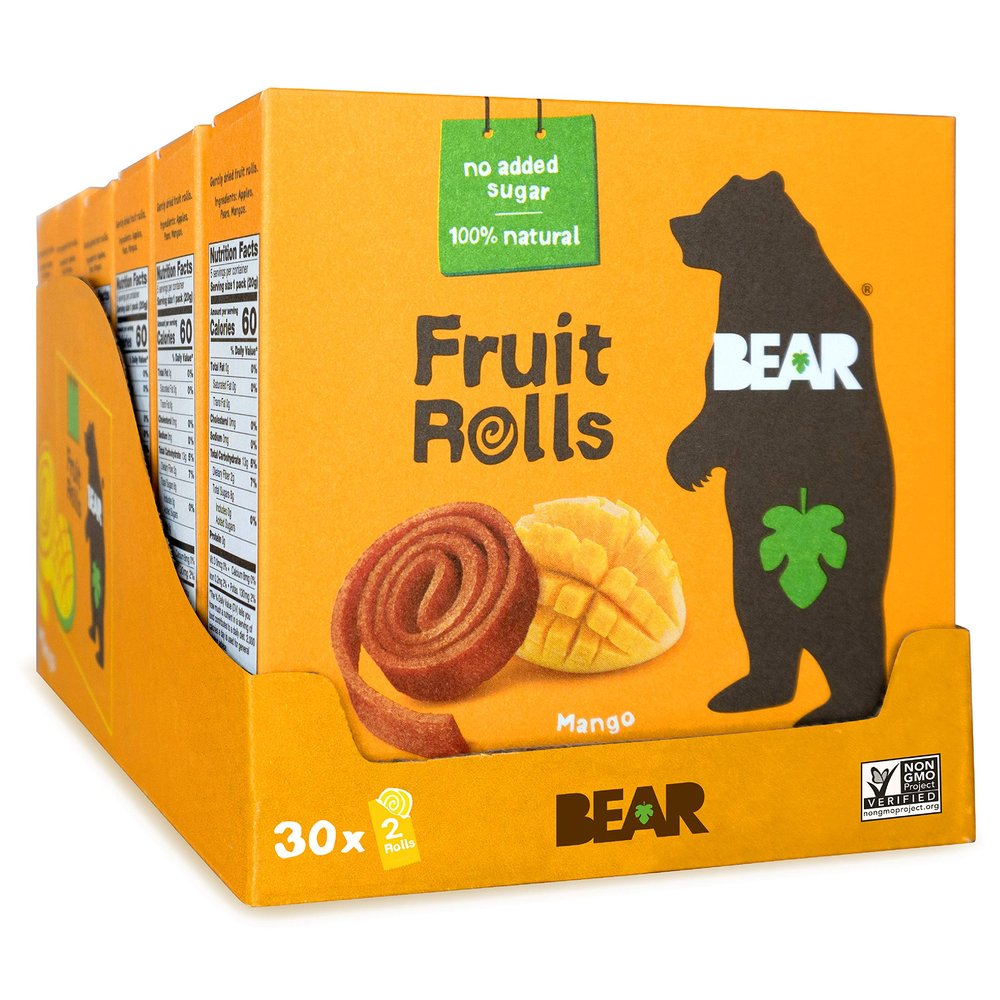 BEAR Real Fruit Snack Rolls, Mango (2 Rolls Per Pack), No Added Sugar, All Natural, Non GMO, Gluten Free, Vegan, Healthy On-The-Go Snack For Kids & Adults, 0.7 oz (Pack of 30)
