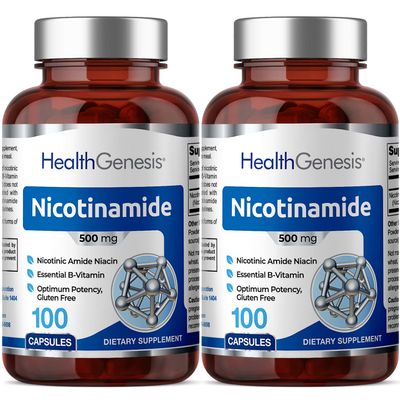 B-3 Nicotinamide 500 mg 100 Caps 2 Pack - Nicotinic Amide Niacin Natural Flush-Free Vitamin Formula - Supports Skin Cell Health