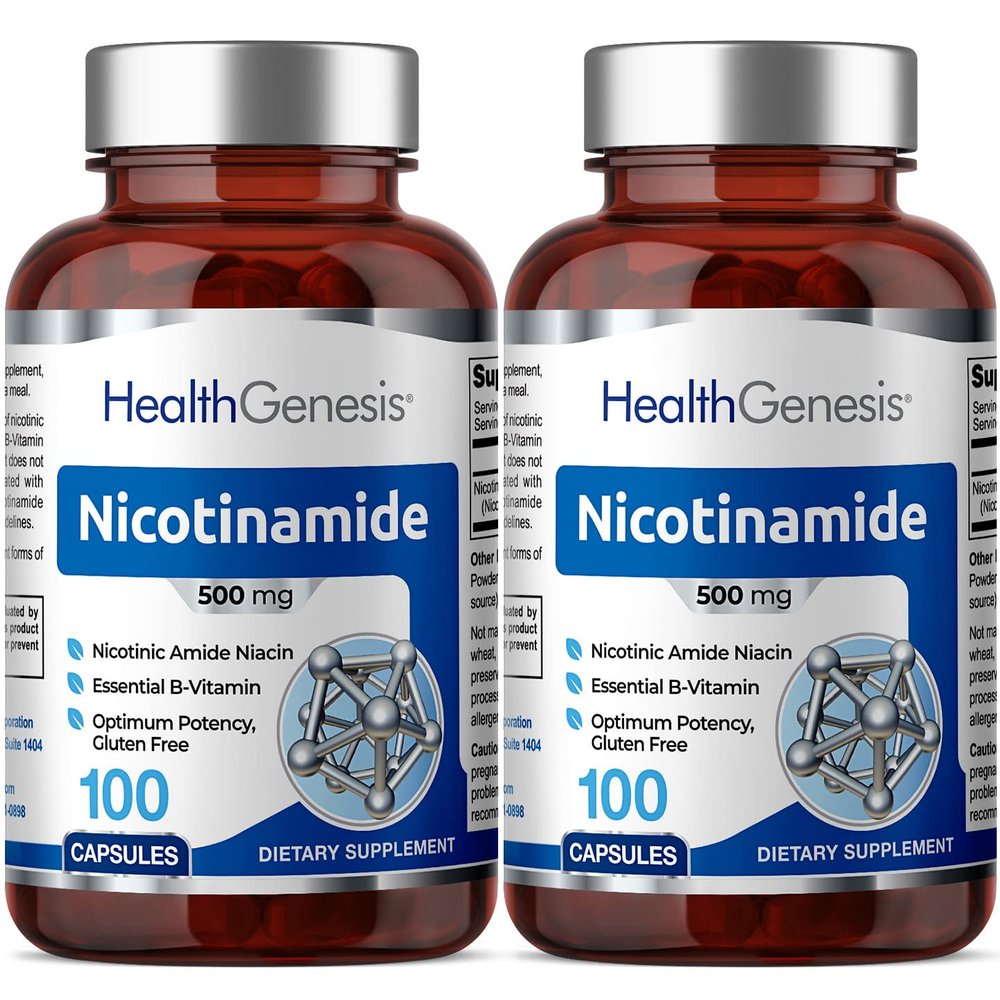 B-3 Nicotinamide 500 mg 100 Caps 2 Pack - Nicotinic Amide Niacin Natural Flush-Free Vitamin Formula - Supports Skin Cell Health
