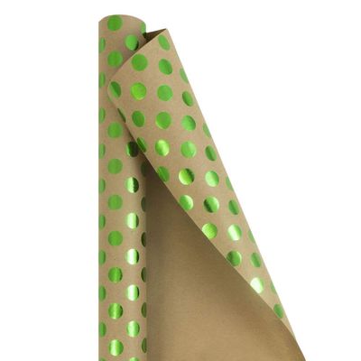 JAM Paper Gift Wrap - Kraft Wrapping Paper - 25 Sq Ft - Green Foil Polka Dots on Brown Kraft Paper - Roll Sold Individually