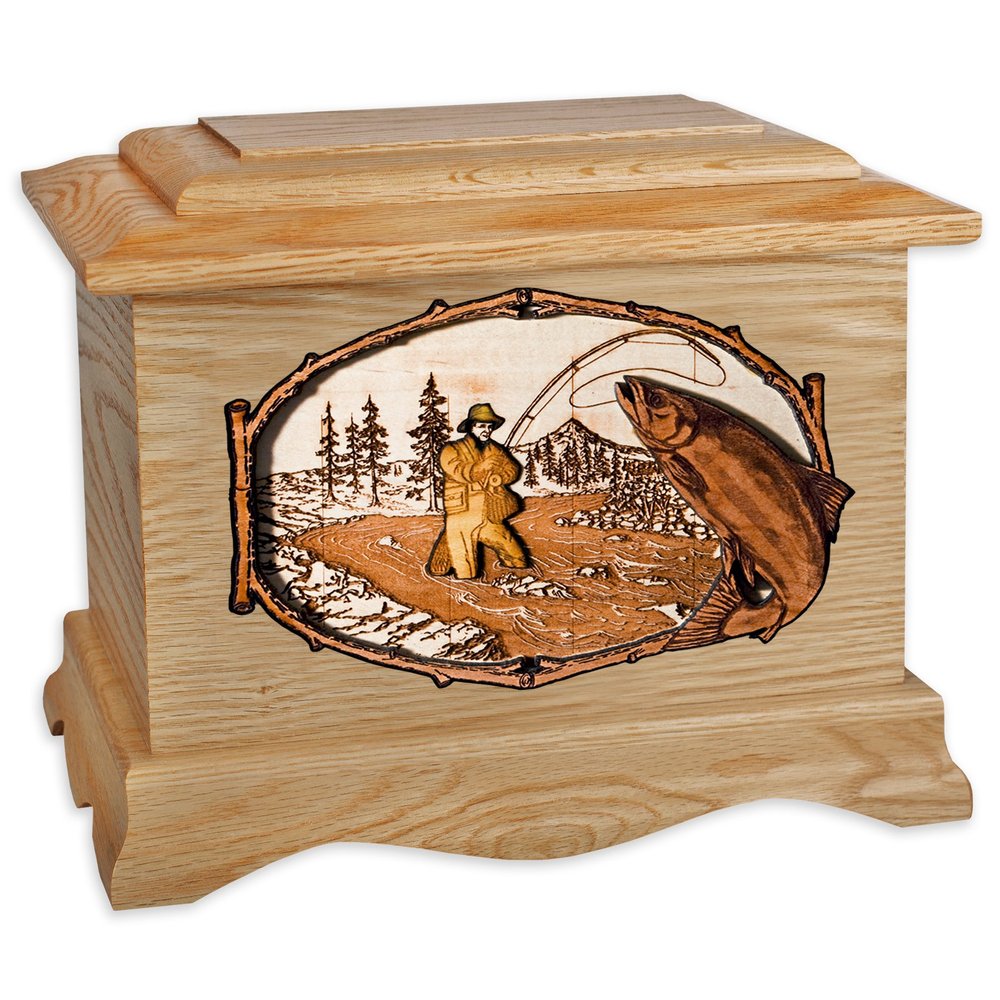 Wooden Cremation Urn - Ambassador Shape with Freshwater Stream Fishing 3-Dimensional Inlay Wood Art Memorial - Funeral Urns for Adults (Salmon Fish - Oak)