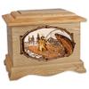 Wooden Cremation Urn - Ambassador Shape with Freshwater Stream Fishing 3-Dimensional Inlay Wood Art Memorial - Funeral Urns for Adults (Salmon Fish - Oak) view 1