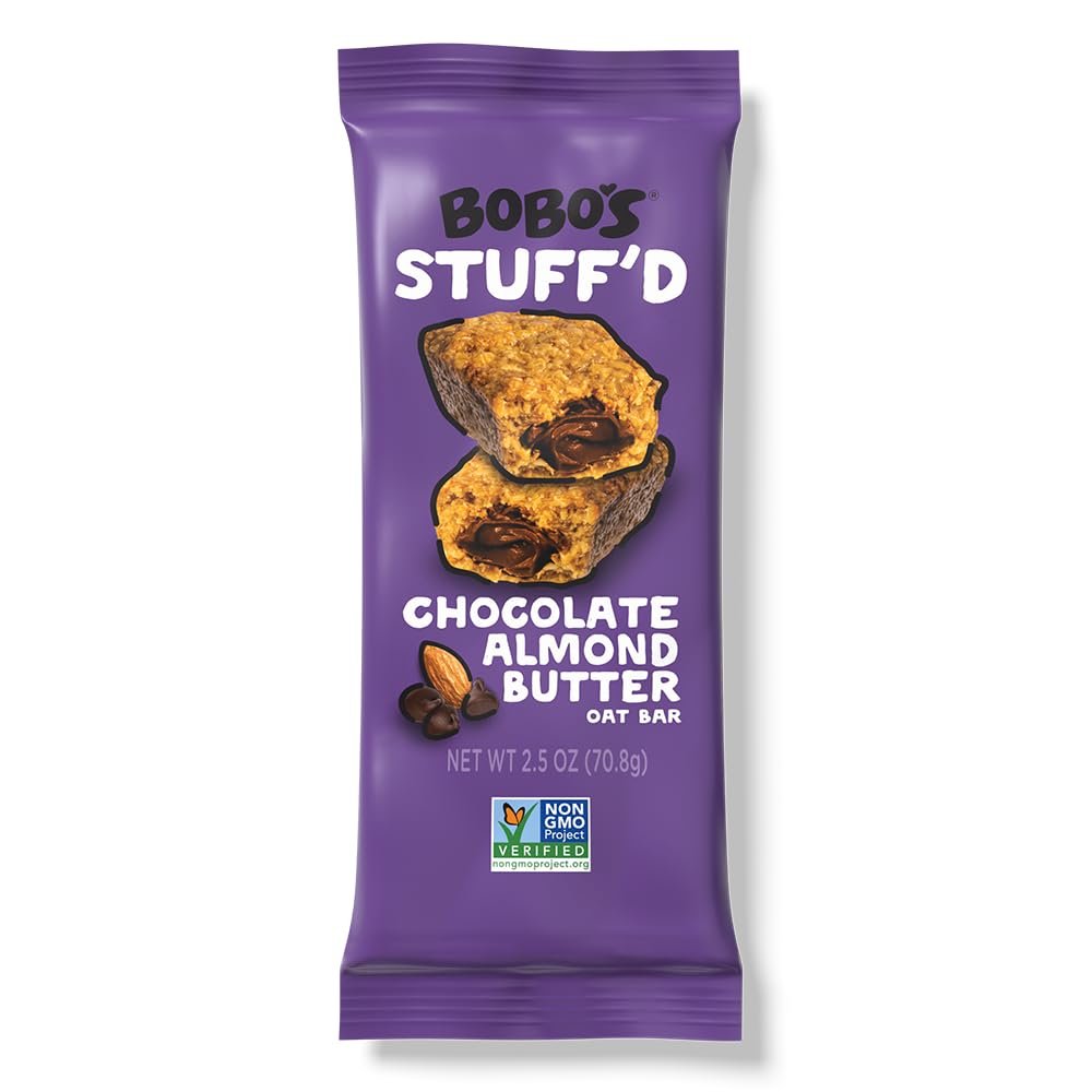Bobos Stuffd Oat Bar, Chocolate Almond Nut Butter, 2.5 Oz. Bar (12 pack), Whole Grain Snack & Protein Bar. Great Tasting & On-The-Go-Snack. Gluten Free, Non-GMO, Vegan, Kosher, and Soy Free.