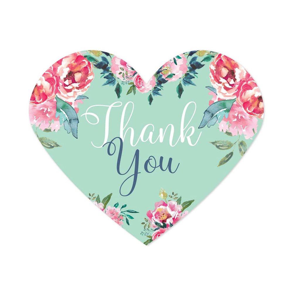 Andaz Press Pink Peonies Flowers Floral Garden Party Wedding Collection, Heart Label Stickers, Thank You, 75-Pack