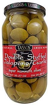 4 Pack Of Tassos All Natural Double Stuffed Jalapeno And Garlic Super Mammoth Olives (4X35.27 oz Each.)