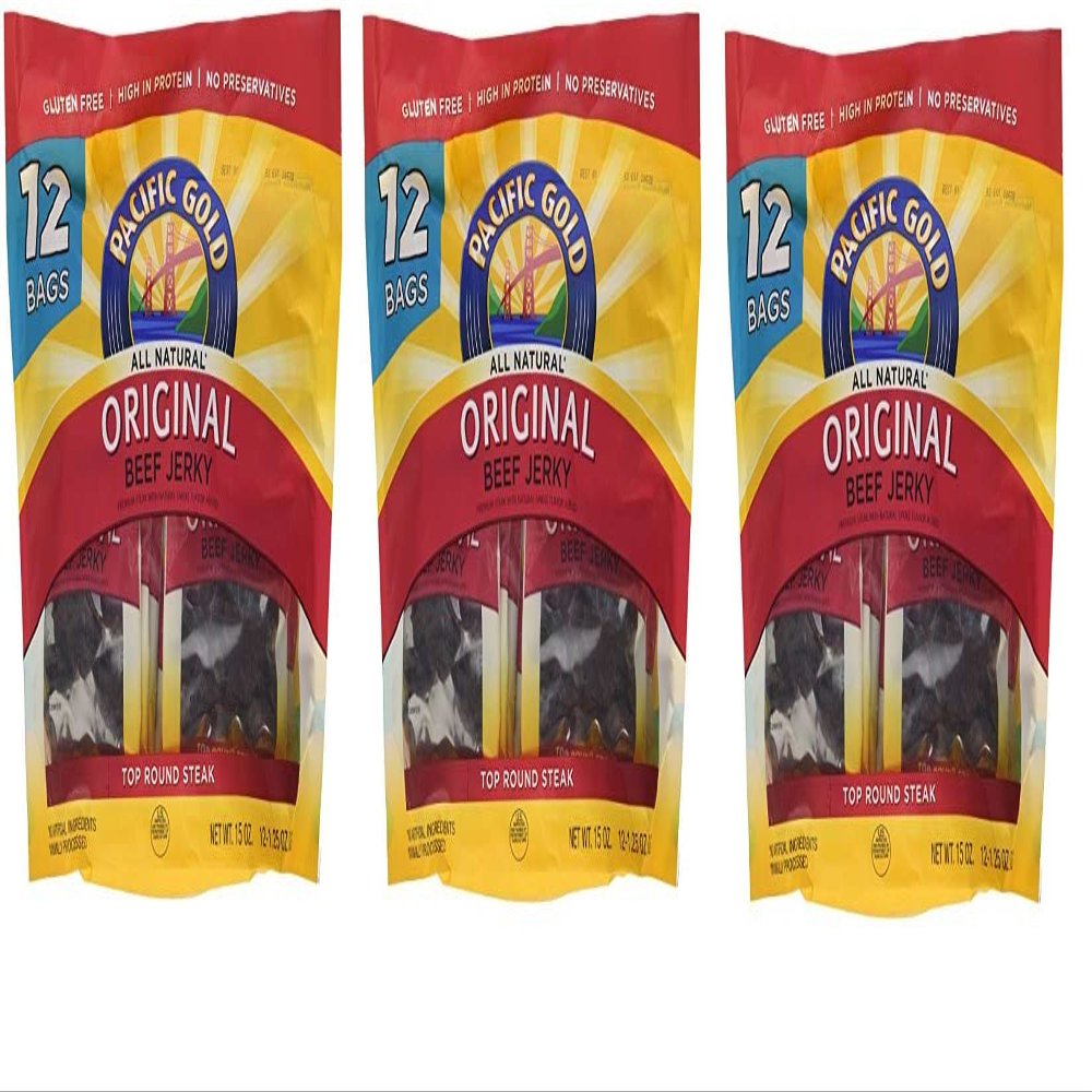 Pacific Gold Original Beef Jerky Value Pack - 3 Bags of 12 - 1.25 oz per Bag Bag - Total 36