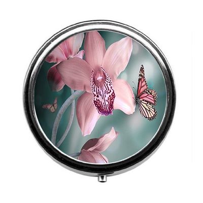 Pink Flowers and Butterflies Cute Pill Box/Pill case-Round Pill Box/case- Three-Compartment Pill Box/Pill case