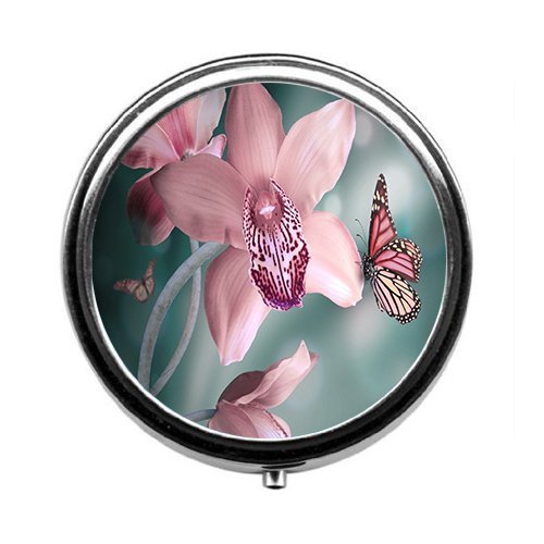 Pink Flowers and Butterflies Cute Pill Box/Pill case-Round Pill Box/case- Three-Compartment Pill Box/Pill case 