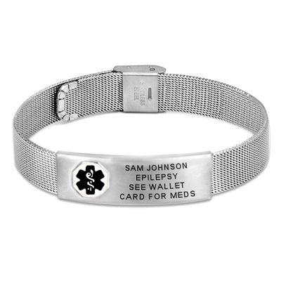 Divoti Custom Engraved Medical Alert ID Bracelet for Men & Women | 316L Stainless Steel Medical ID Jewelry | Black Caduceus with Buckle Clasp Mesh Chain | Adjustable & Personalized Engraving
