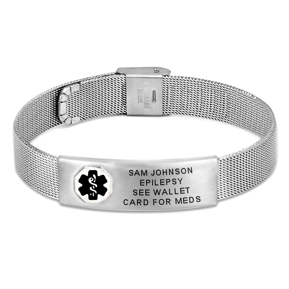Divoti Custom Engraved Medical Alert ID Bracelet for Men & Women | 316L Stainless Steel Medical ID Jewelry | Black Caduceus with Buckle Clasp Mesh Chain | Adjustable & Personalized Engraving