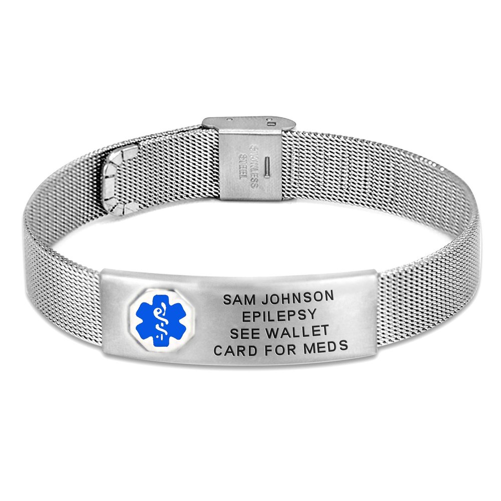 Divoti Custom Engraved Medical Alert ID Bracelet for Men & Women | 316L Stainless Steel Medical ID Jewelry | Blue Caduceus with Buckle Clasp Mesh Chain | Adjustable & Personalized Engraving