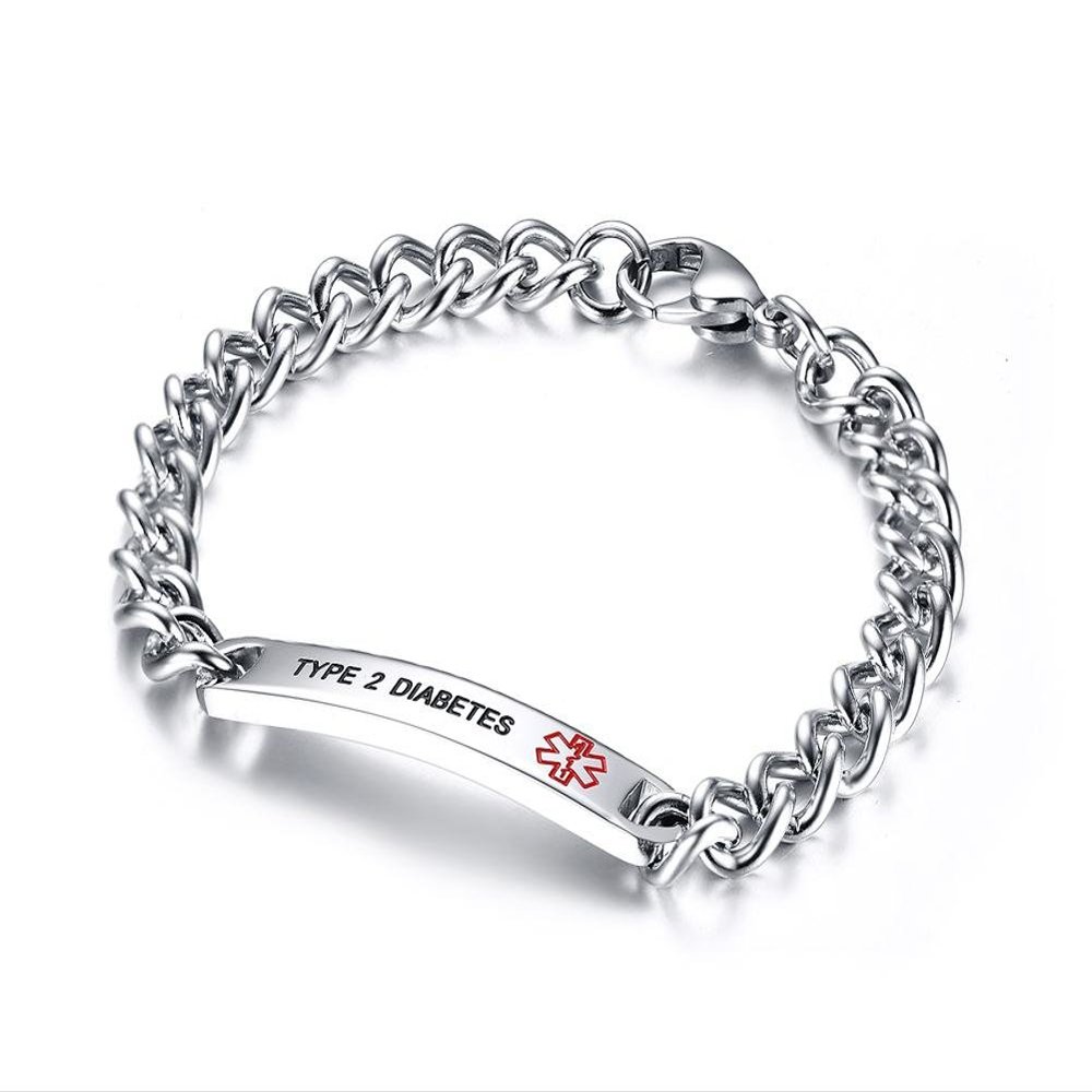 VNOX Type 2 Diabetes Bracelet Stainless Steel Medical Alert ID Bracelet for Unisex 8"