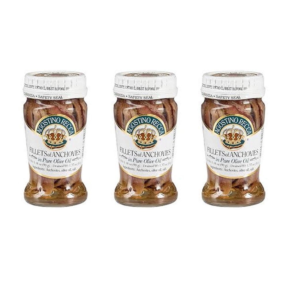 Agostino Recca Anchovies Fillets in Olive Oil  Anchovy Fillets Rolled in Capers (3.18Oz, 3-Pack)