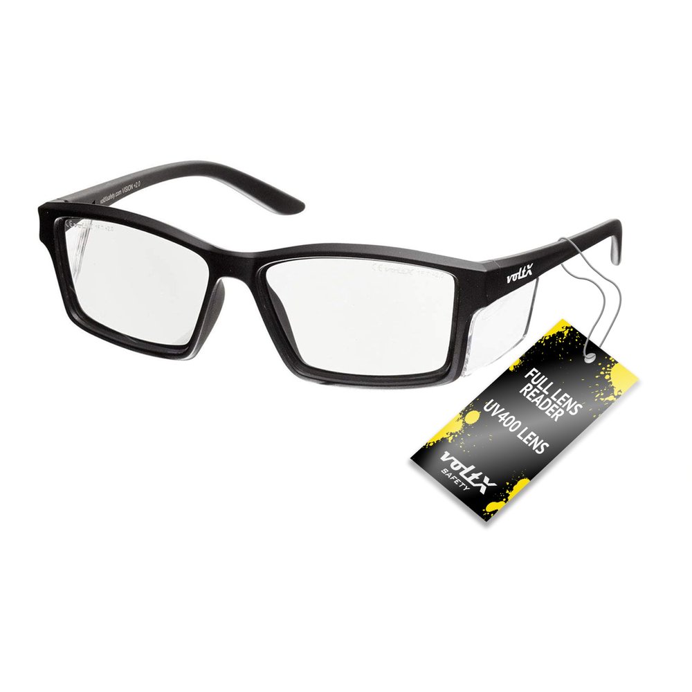 voltX 'VISION' Safety Readers, Full Lens Magnified Reading Safety Glasses (+1.5 Dioptre, Clear lens) ANSI Z87.1+ & CE EN166F - Anti fog coated UV400 lens