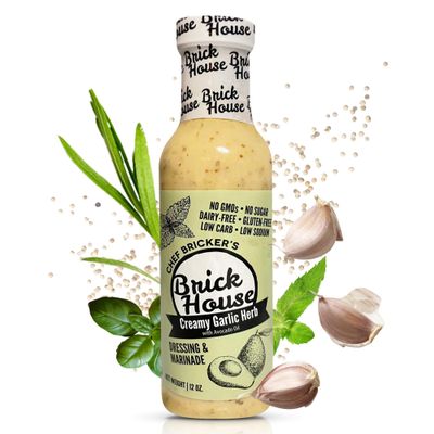 Brick House Creamy Garlic Herb Vinaigrette Dressing & Marinade, 12 oz, Low Sodium, Zero Carb, Dairy Free, Gluten Free, Non-GMO, No Sugar, Keto Friendly Vinaigrette Salad Dressing with Avocado Oil