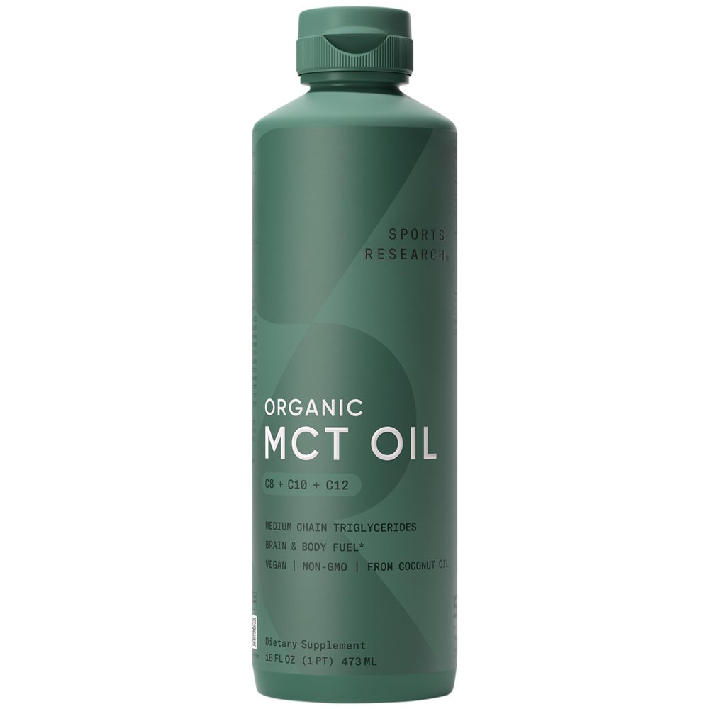 Sports Research Organic MCT Oil 16oz - Full Spectrum (C8, C10, C12) Sourced from Coconut Oil - Keto Brain & Body Fuel* - Vegan Certified Non-GMO Informed Choice Certified - Unflavored