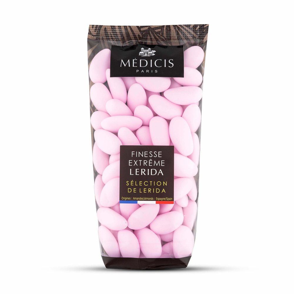 Medicis Premium Candied Almond Dragees (French Jordan Almonds) Sugar Coated Candies Ideal as a Party Favor for Weddings and Baby Showers, 75 Count Bag 8.8oz, Pink