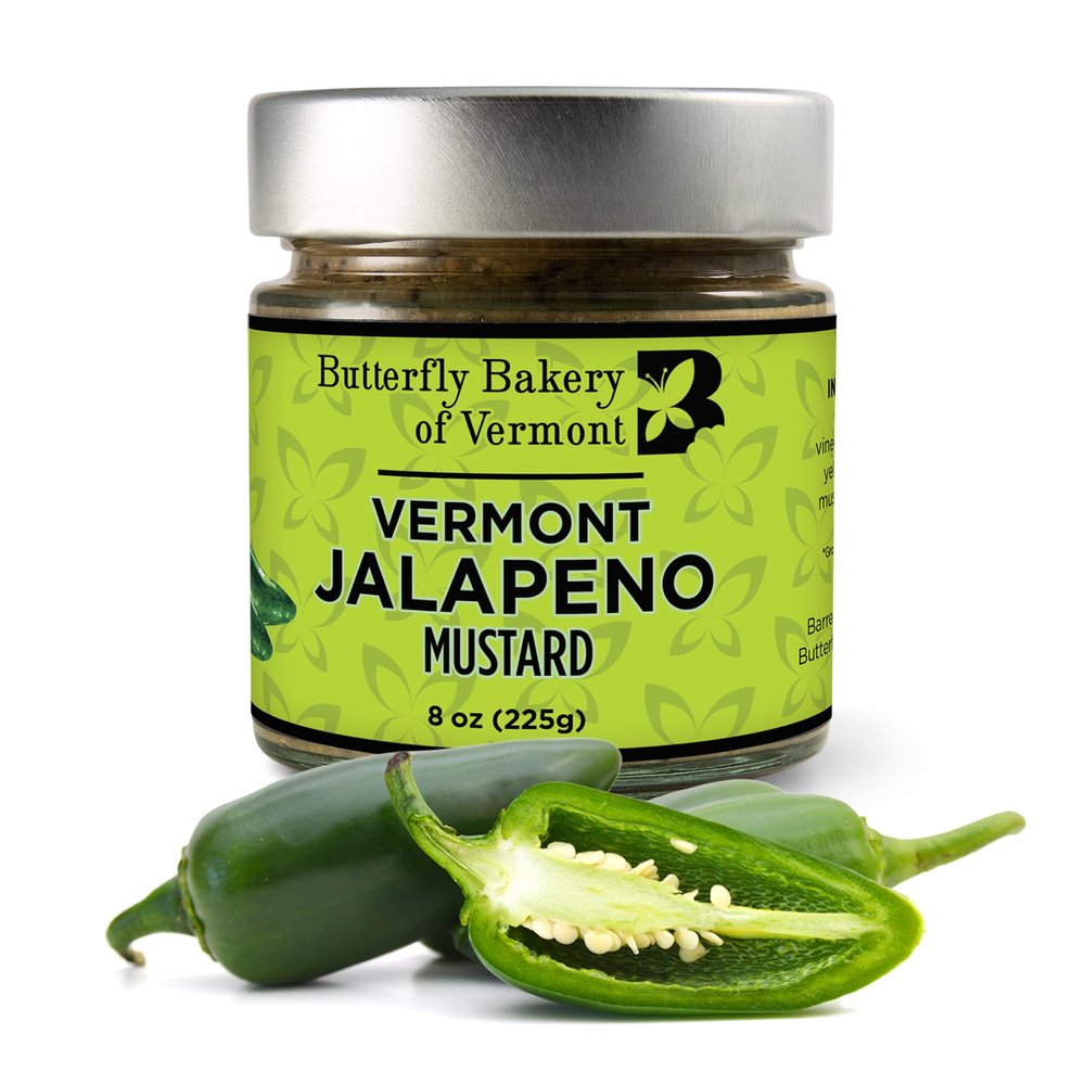 Butterfly Bakery of Vermont - Vermont Jalapeno Mustard, Gourmet Spicy Mustard Made with Vermont-Grown Green Jalapeos & Yellow and Brown Mustard Seeds - For Sandwiches, Burgers, & Hot Dogs, 8 oz