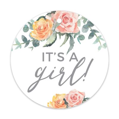 Andaz Press Peach Coral Floral Garden Party Baby Shower Collection, Round Circle Gift Tags, It's a Girl!, 24-Pack