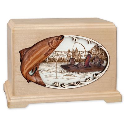 Hampton Wood Cremation Urn with Salmon Boat Fishing 3-Dimensional Inlay Wood Art Funeral Urn for Adults (Standard Adult, Maple)