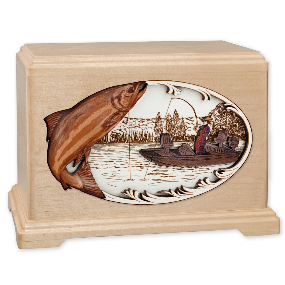 Hampton Wood Cremation Urn with Salmon Boat Fishing 3-Dimensional Inlay Wood Art Funeral Urn for Adults (Standard Adult, Maple)