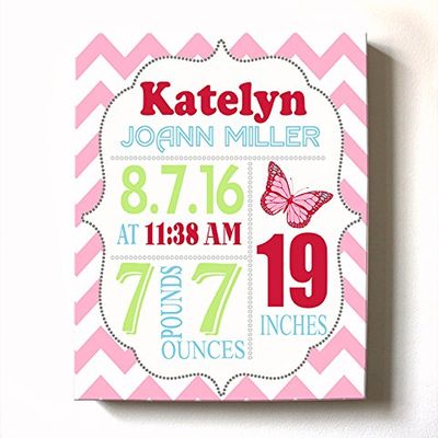 Personalized Stretched Canvas Birth Announcement Gift, Custom Baby Name, Date, Weight Stats, Newborn Butterfly Nursery Wall Art Decor, Wooden Frame Construction, Ready to Hang 24X30