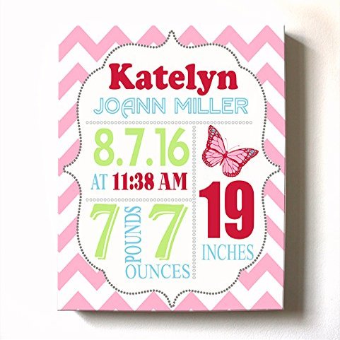 Personalized Stretched Canvas Birth Announcement Gift, Custom Baby Name, Date, Weight Stats, Newborn Butterfly Nursery Wall Art Decor, Wooden Frame Construction, Ready to Hang 24X30