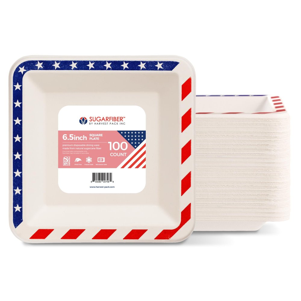 [100 COUNT]Harvest Pack PFAS FREE 6.5-inch American Flag Patriotic Party Disposable Compostable Square Paper Plates, July Fourth Natural Bagasse Square Plates, From Eco-Friendly Sugarcane Plant Fibers