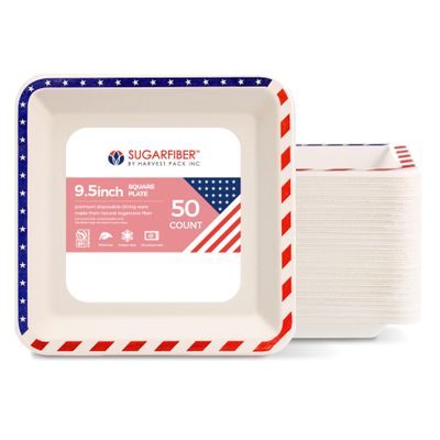 [100 COUNT]Harvest Pack PFAS FREE 9.5-inch American Flag Patriotic Party Disposable Compostable Square Paper Plates, July Fourth Natural Bagasse Square Plates, From Eco-Friendly Sugarcane Plant Fibers