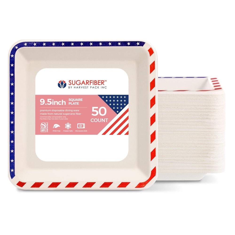 [100 COUNT]Harvest Pack PFAS FREE 9.5-inch American Flag Patriotic Party Disposable Compostable Square Paper Plates, July Fourth Natural Bagasse Square Plates, From Eco-Friendly Sugarcane Plant Fibers