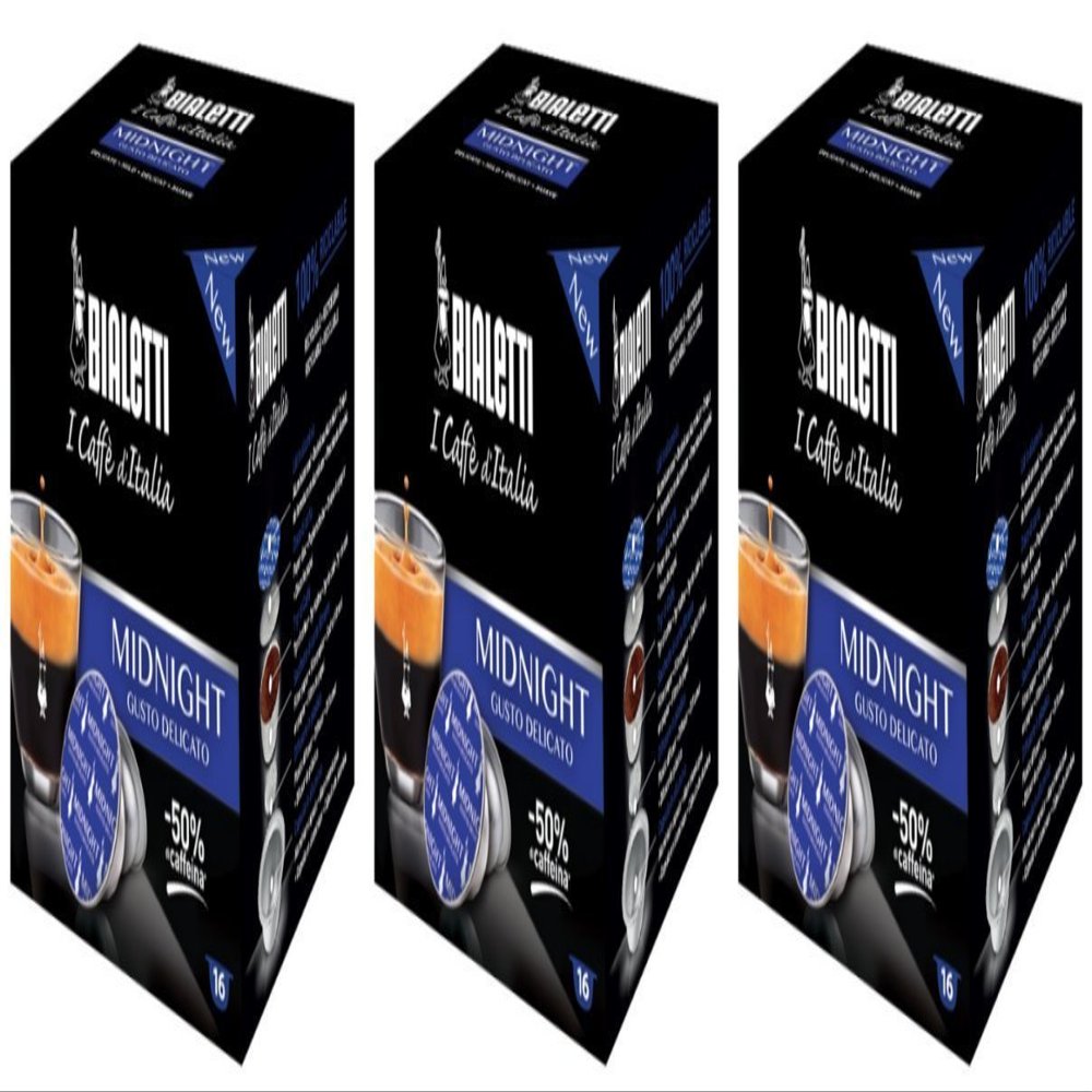 Bialetti Midnight Espresso Capsules, Delicate Taste -50% Caffeine 48 Count