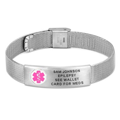 Divoti Custom Engraved Medical Alert ID Bracelet for Men & Women | 316L Stainless Steel Medical ID Jewelry | Pink Caduceus with Buckle Clasp Mesh Chain | Adjustable & Personalized Engraving