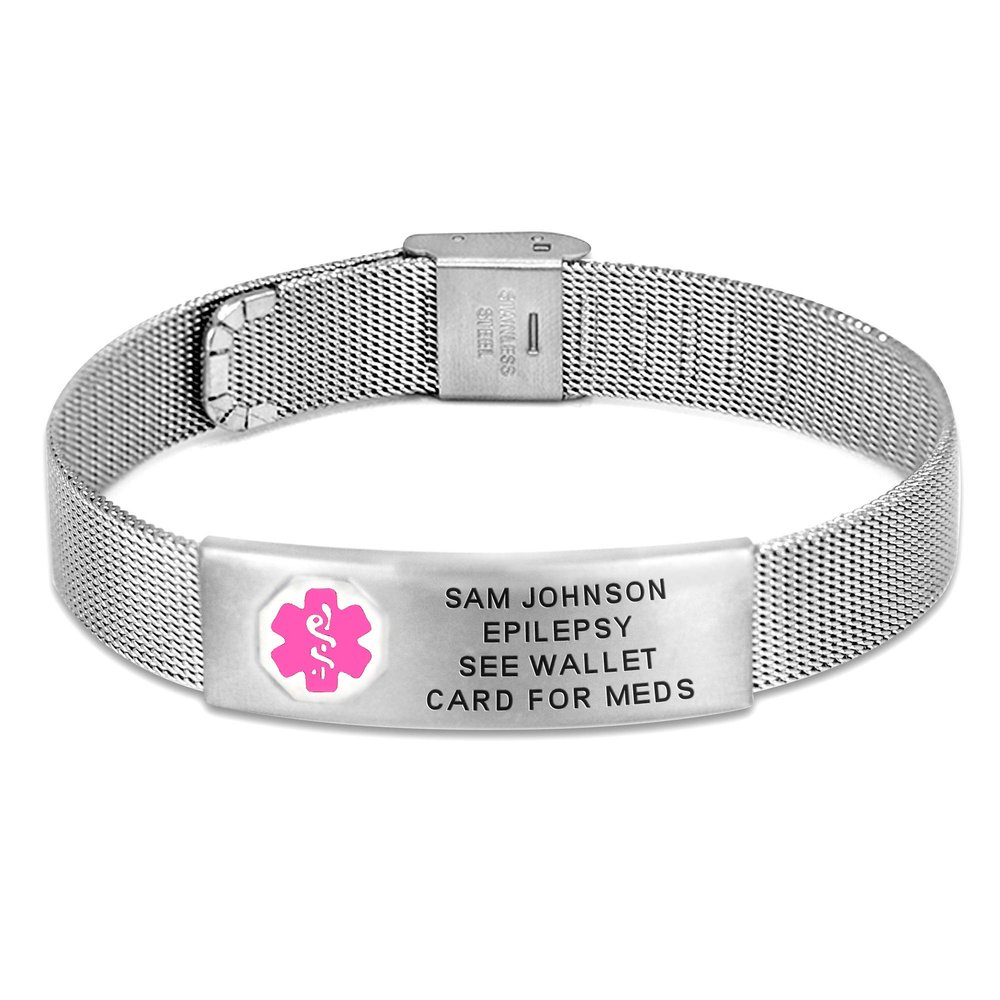 Divoti Custom Engraved Medical Alert ID Bracelet for Men & Women | 316L Stainless Steel Medical ID Jewelry | Pink Caduceus with Buckle Clasp Mesh Chain | Adjustable & Personalized Engraving