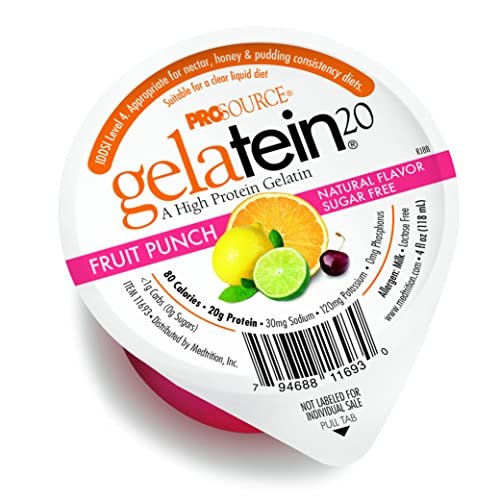 Gelatein 20 Fruit Punch: 20 grams of protein. Sugar free. Ideal for clear liquid diets, swallowing difficulties, bariatric, dialysis and oncology. Great pre or post-workout snack. (12 pack)