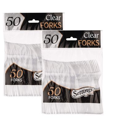 [100 Count] Settings Plastic Clear Forks, Heavyweight Disposable Cutlery, Great For Home, Office, School, Party, Picnics, Restaurant, Take-out Fast Food, Outdoor Events, Or Every Day Use, 2 Bags