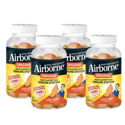 Airborne 750mg Vitamin C Immune Support Supplement Gummies for Adults, Zesty Orange Flavor, Gluten Free Crafted Blend with Powerful Antioxidants Vitamins A C & E, 63 Gummies (4 Pack)