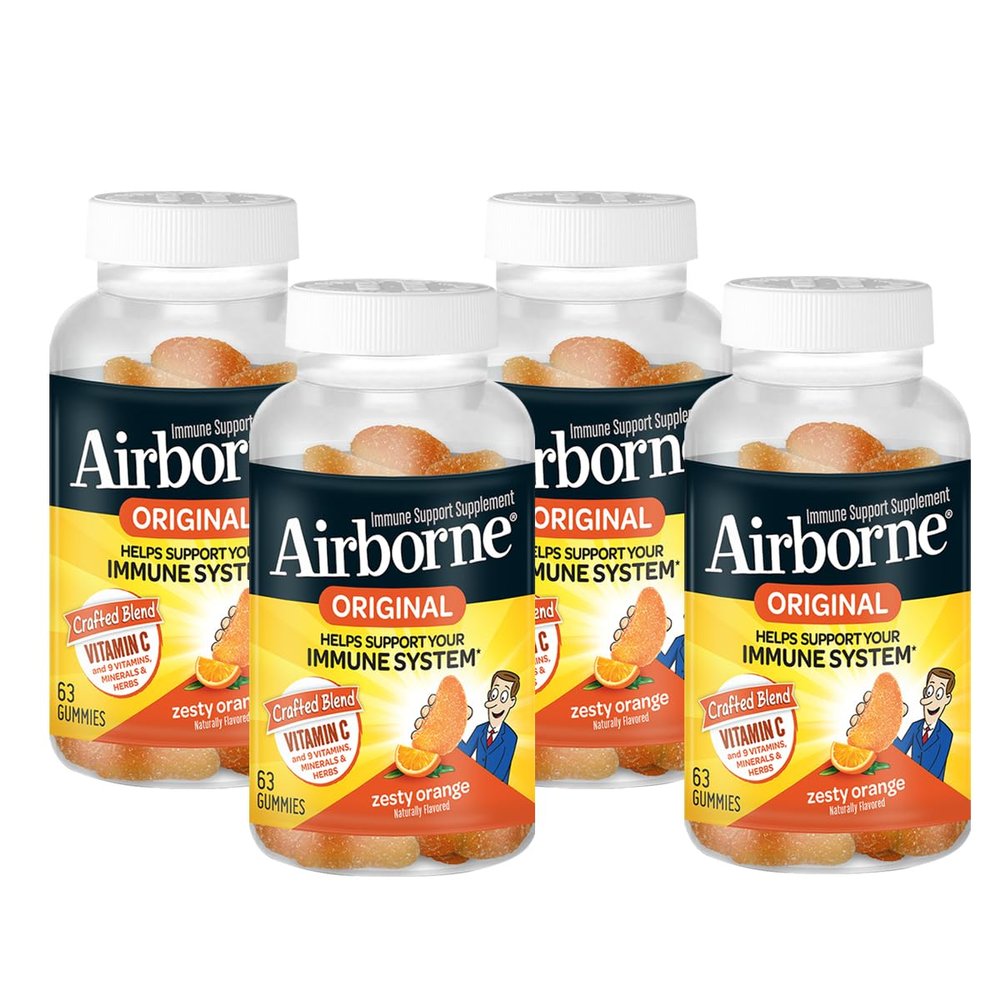 Airborne 750mg Vitamin C Immune Support Supplement Gummies for Adults, Zesty Orange Flavor, Gluten Free Crafted Blend with Powerful Antioxidants Vitamins A C & E, 63 Gummies (4 Pack)