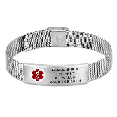 Divoti Custom Engraved Medical Alert ID Bracelet for Men & Women | 316L Stainless Steel Medical ID Jewelry | Red Caduceus with Buckle Clasp Mesh Chain | Adjustable & Personalized Engraving