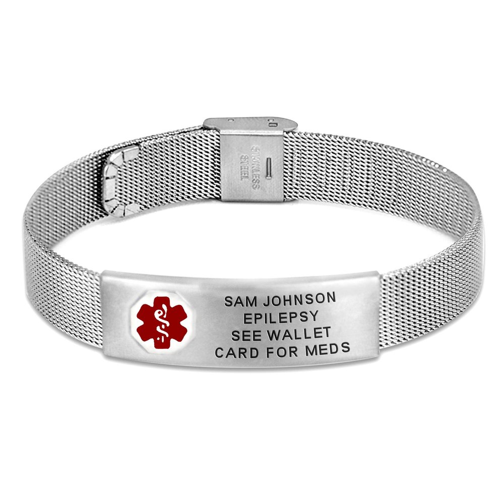 Divoti Custom Engraved Medical Alert ID Bracelet for Men & Women | 316L Stainless Steel Medical ID Jewelry | Red Caduceus with Buckle Clasp Mesh Chain | Adjustable & Personalized Engraving
