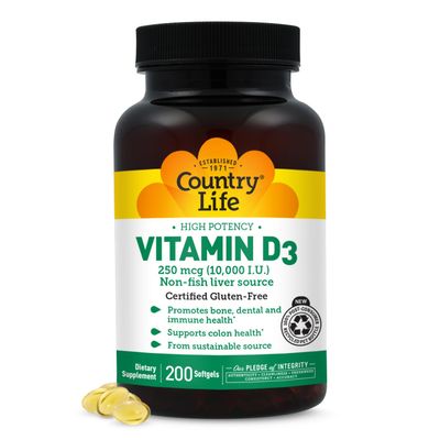 Country Life Vitamin D3 10,000 IU  High Potency Non-Fish Source  Bone & Immune Support  Certified Gluten-Free  200 Softgels