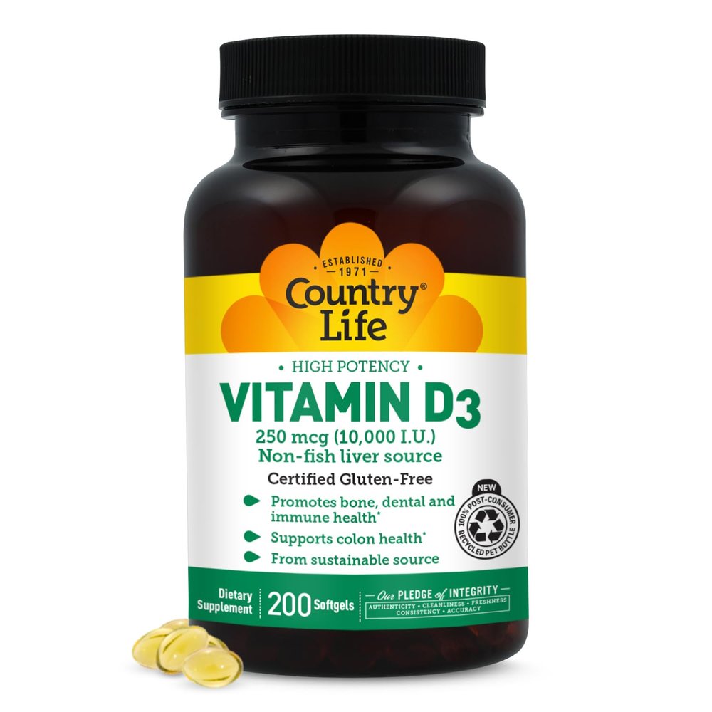 Country Life Vitamin D3 10,000 IU  High Potency Non-Fish Source  Bone & Immune Support  Certified Gluten-Free  200 Softgels