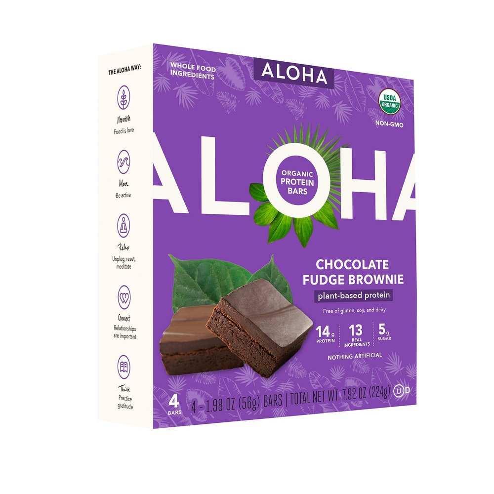 ALOHA Organic Plant Based Protein Bars 4-Pack - Chocolate Fudge Brownie - 1.98oz Bars - Vegan, Low Sugar, Gluten-Free, Paleo, Low Carb, Non-GMO, Stevia-Free, Soy-Free, No-Erythritol