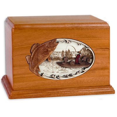 Companion Wood Cremation Urn with Walleye Boat Fishing 3-Dimensional Inlay Wood Art Funeral Urn for Two Adults (Companion, Mahogany)