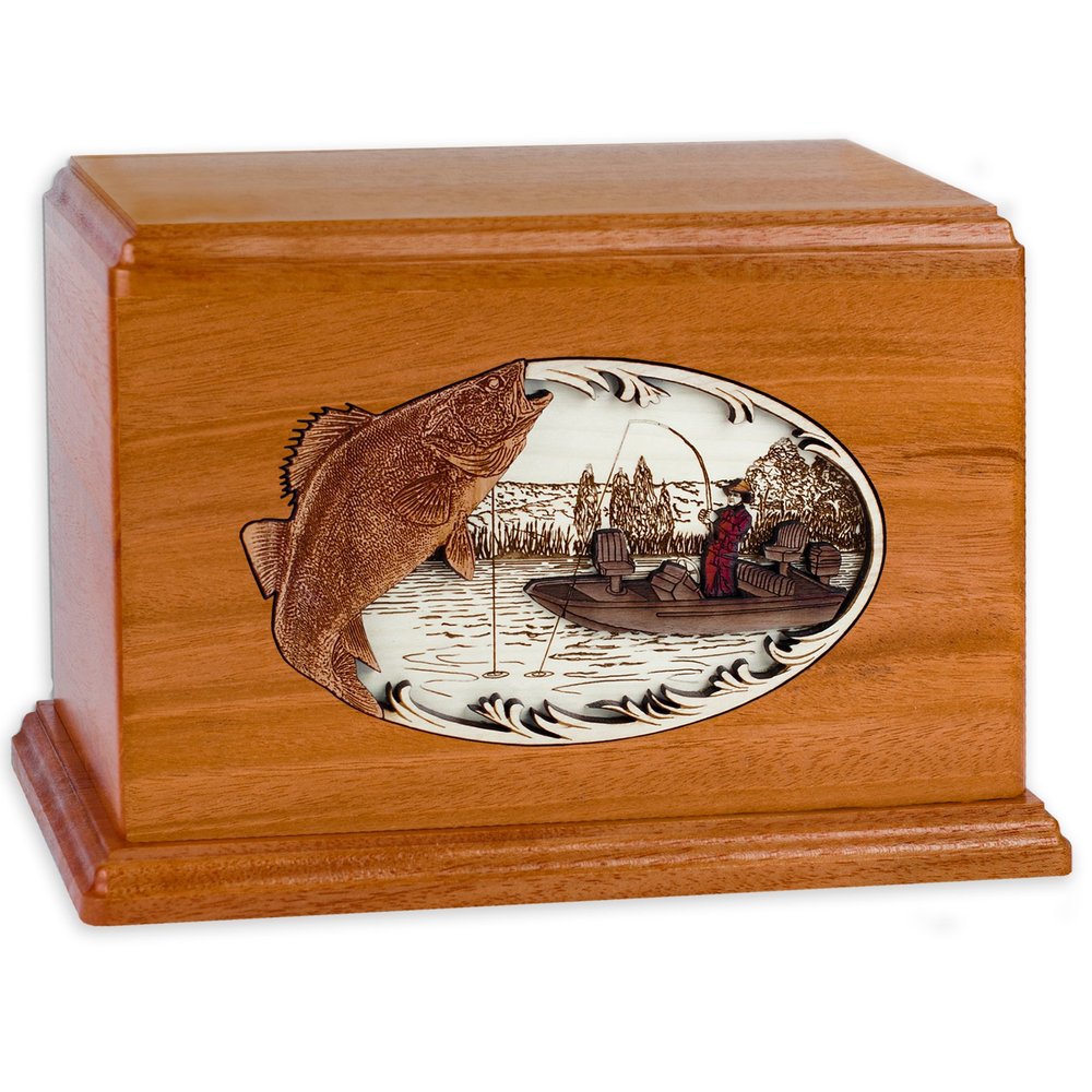 Companion Wood Cremation Urn with Walleye Boat Fishing 3-Dimensional Inlay Wood Art Funeral Urn for Two Adults (Companion, Mahogany)