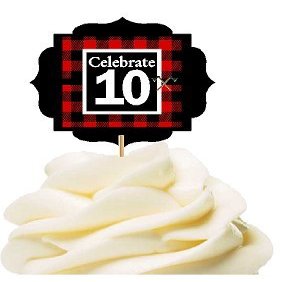 10th Birthday / Anniversary LumberJack Buffalo Plaid Novelty Cupcake Decoration Toppers / Picks -12ct