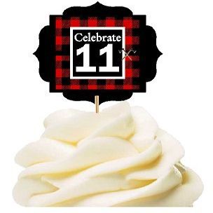 11th Birthday / Anniversary LumberJack Buffalo Plaid Novelty Cupcake Decoration Toppers / Picks -12ct