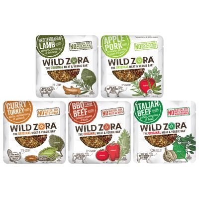 Wild Zora Meat & Veggie Bars, Variety 5-Pack, Natural Pork, Beef, Lamb, & Turkey Jerky Snacks, Healthy Paleo Snacks, AIP Friendly Options, Gluten Free, Soy Free, High Protein, No Added Sweetener