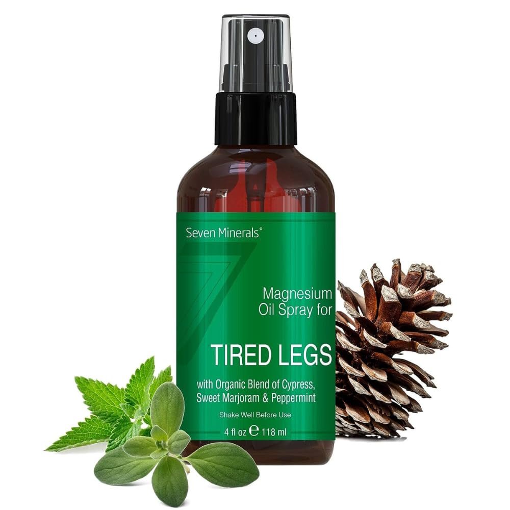 Seven Minerals Magnesium Oil Spray - Powerful USA Made Blend with Essential Oils (Cypress, Sweet Marjoram and Peppermint) - Free Ebook Included (4 fl oz)