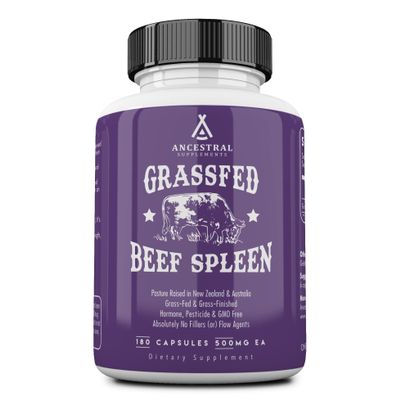 Ancestral Supplements Grass Fed Beef Spleen Supplement, 3000mg Beef Organ Spleen Support Formula Promotes Digestive, Immune, Iron, Energy and Allergy Health, Non GMO, 180 Capsules